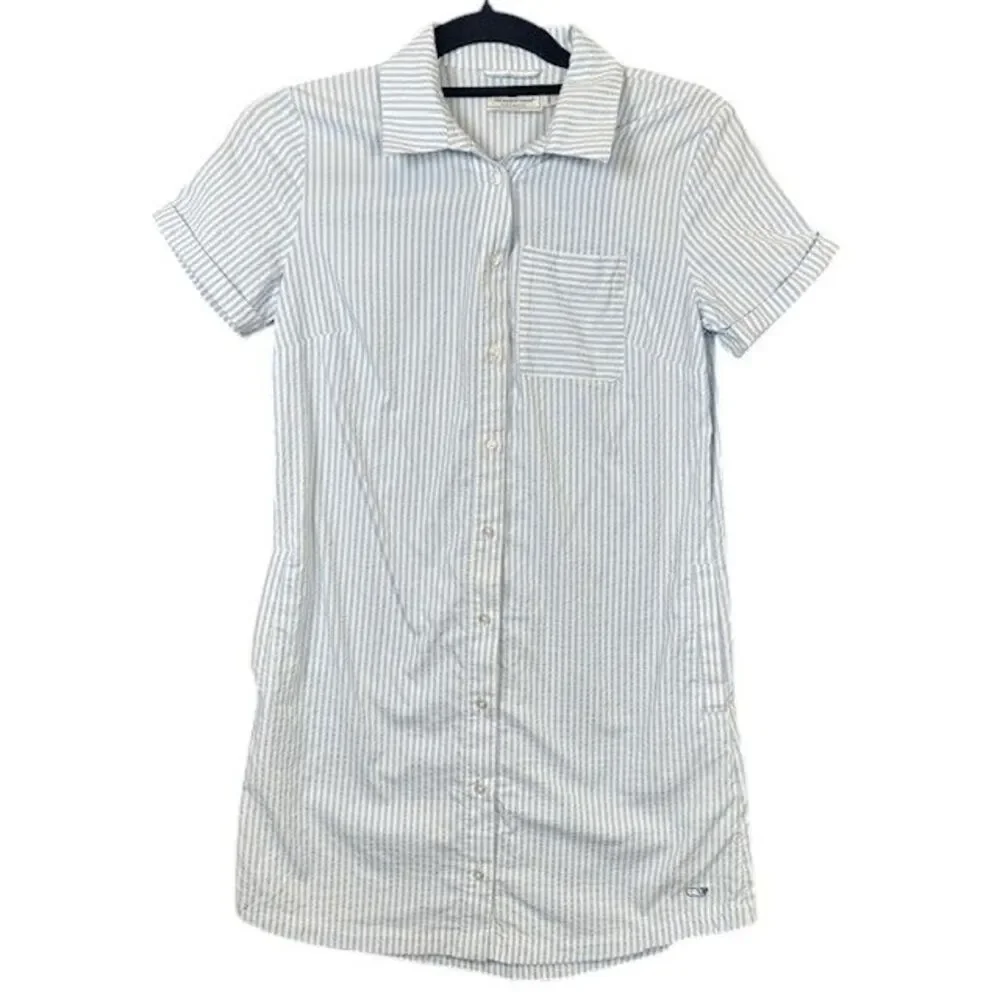 Vineyard Vines Girl's Harbor Dress Shirtdress Blue white Stripe Pockets Large